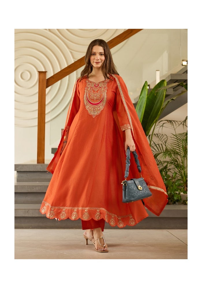 Malishka Export Embroidered Rust Kurta Pant Set for Women - Image 3